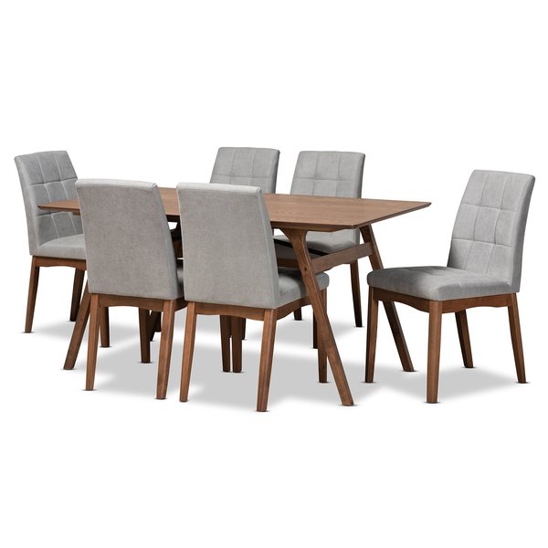 Baxton Studio Tara Mid-Century Modern Light Grey Fabric and Walnut Brown Finished Wood 7-Piece Dining Set 186-11673-11866-Zoro